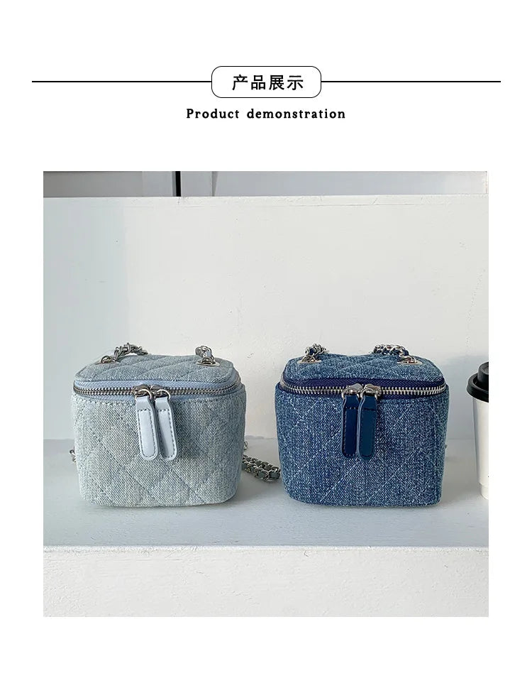 Mini Denim Crossbody Bag with Chain Strap for Women