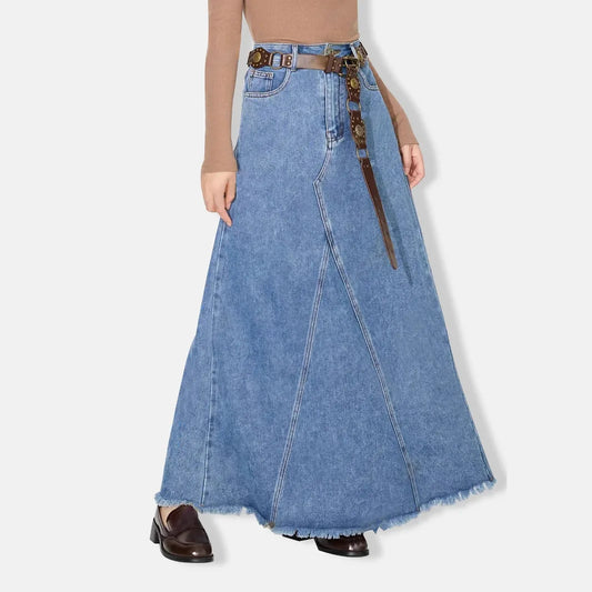 Denim Skirt Women Vintage Long Skirts High Waist Distressed Washed Button Pockets Summer Mom Jeans Y2k A Line Streetwear 2025