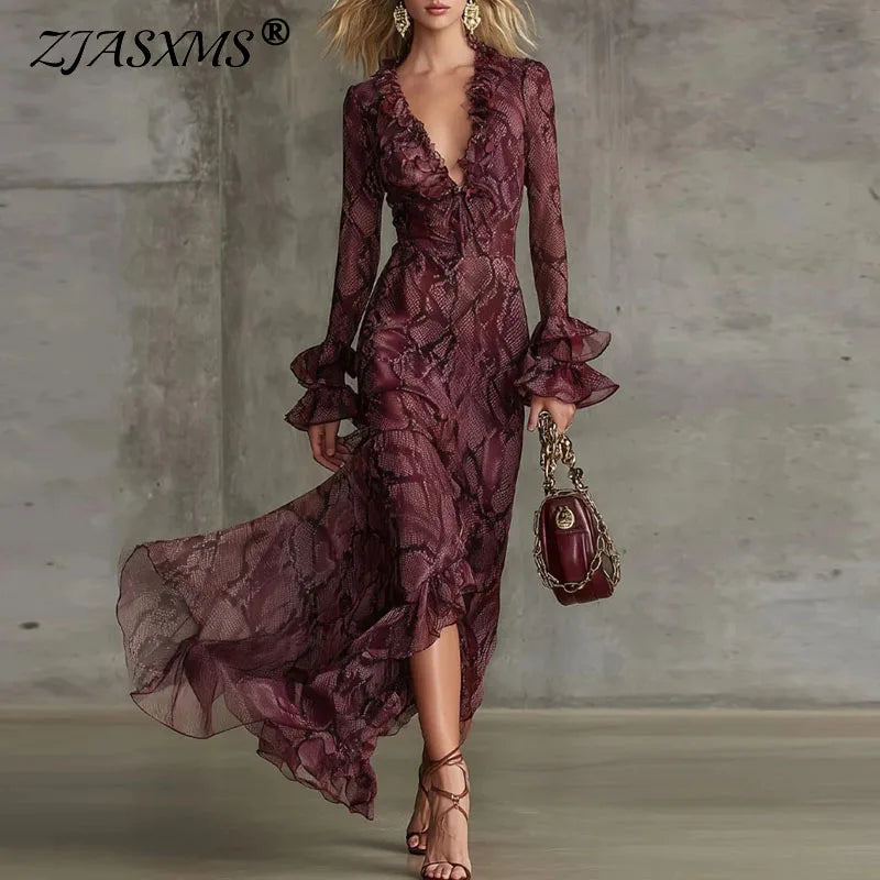 Snake Print V Neck Ruffle Sleeve Maxi Dress for Women