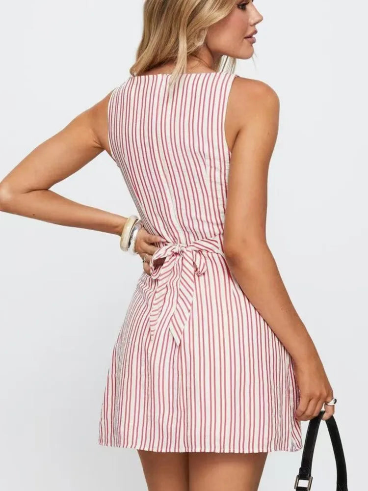Casual Striped Print Crew Neck Sleeveless Mini Dress for Women