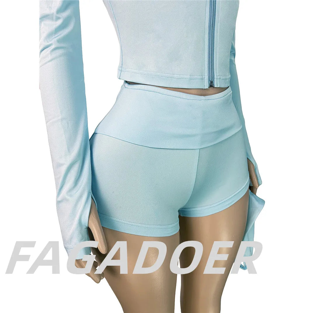 Casual Three Piece Hooded Crop Top and Shorts Set for Women