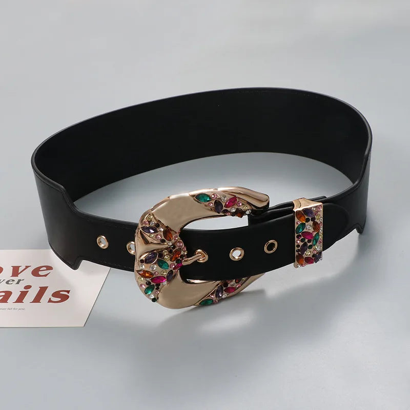 Elegant Rhinestone Wide Faux Leather Belt for Women