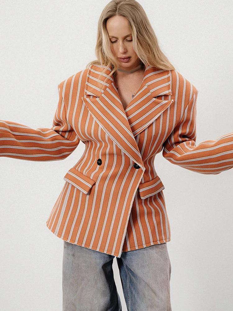 Striped Double-Breasted Blazer With Lapel for Women