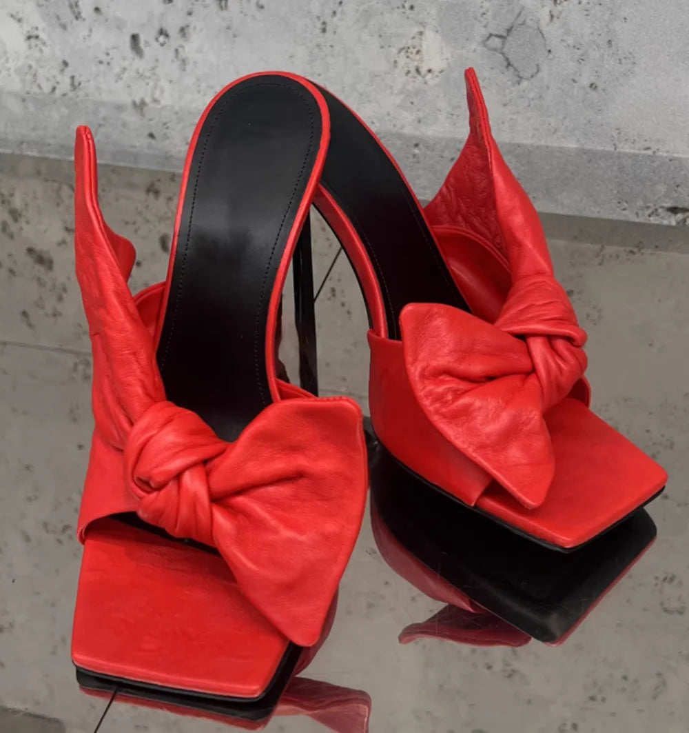 Red Leather Square Toe Stiletto Sandals