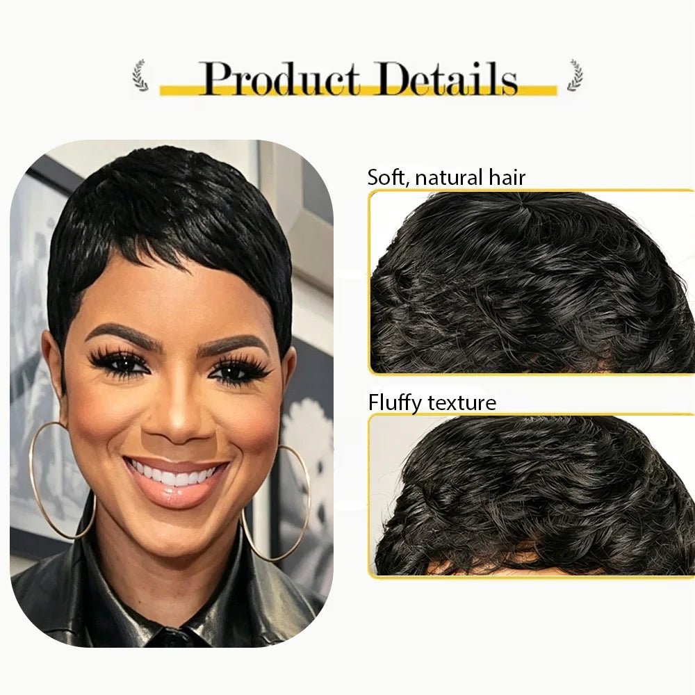 Short Pixie Cut Human Hair Wig With Bangs for Women
