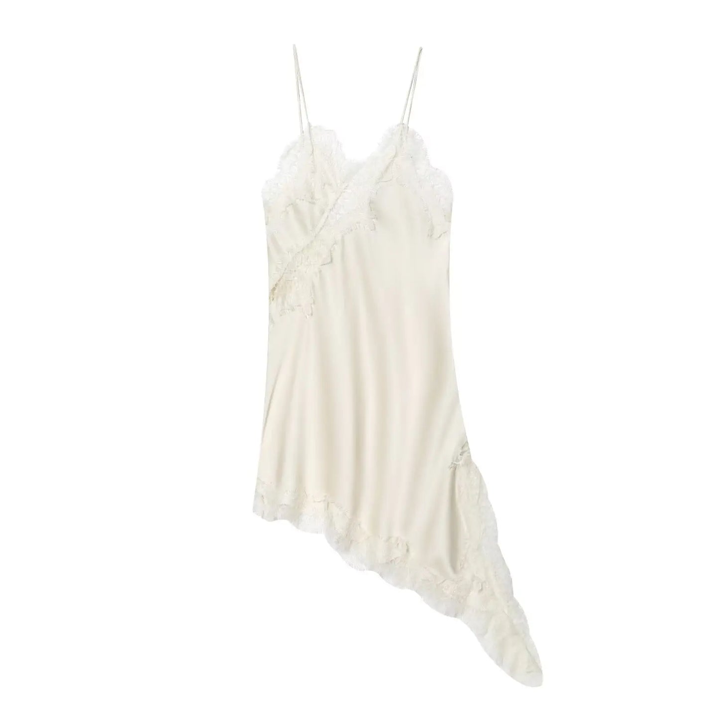 Brown Satin Lace Splicing Sling Dress Women Elegant Irregular Hem V Neck Backless Sleeveless Gown Chic Women Party Club Vestidos