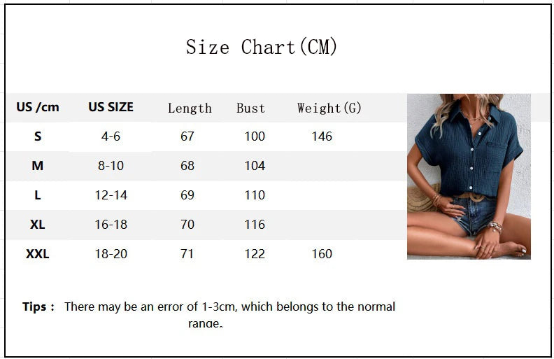 Short Sleeve Cotton Button Down Blouse With Pockets for Women