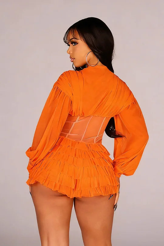 Mesh Ruched Patchwork See Through Long Sleeve Bodycon Rompers for Women