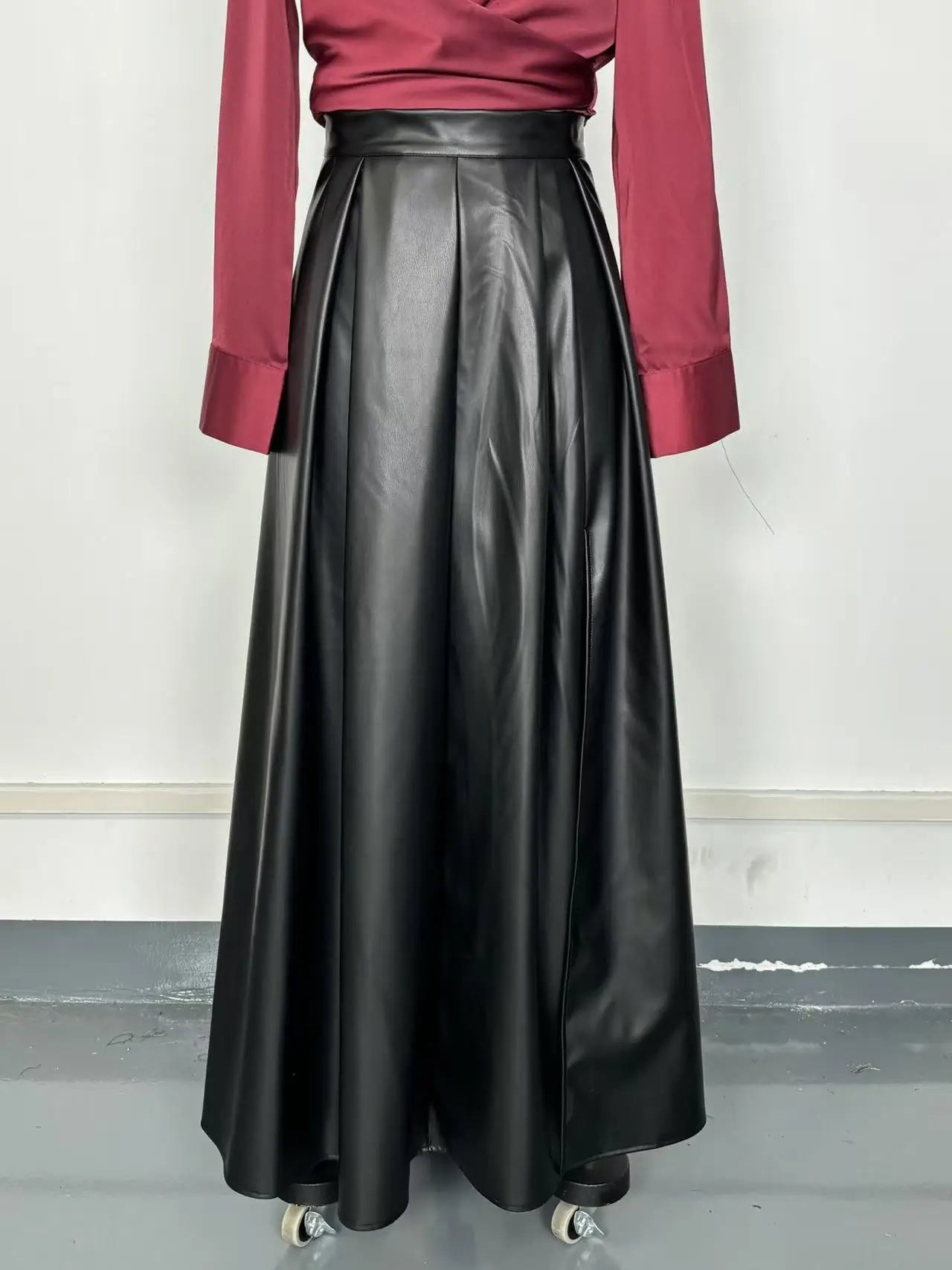 PU Leather Skirt New Style Fashion Large Slit Leather Skirt Mid-length Irregular Long Skirt Autumn Black Casual Holiday Skirts