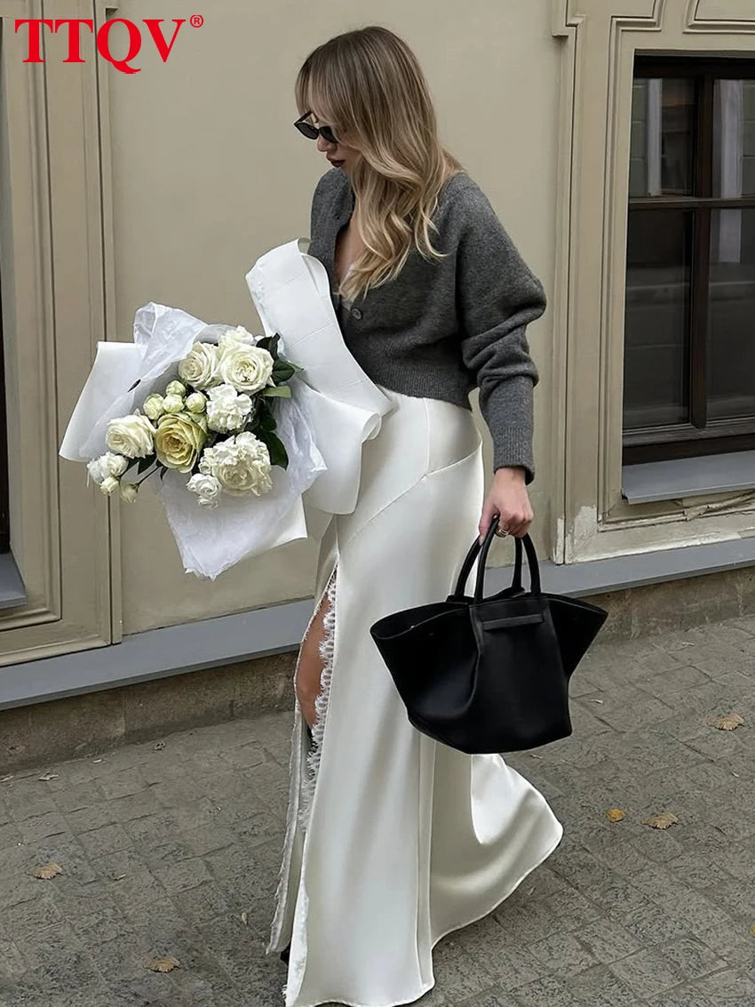 Elegant High Waist Floor Length Satin Skirt for Women