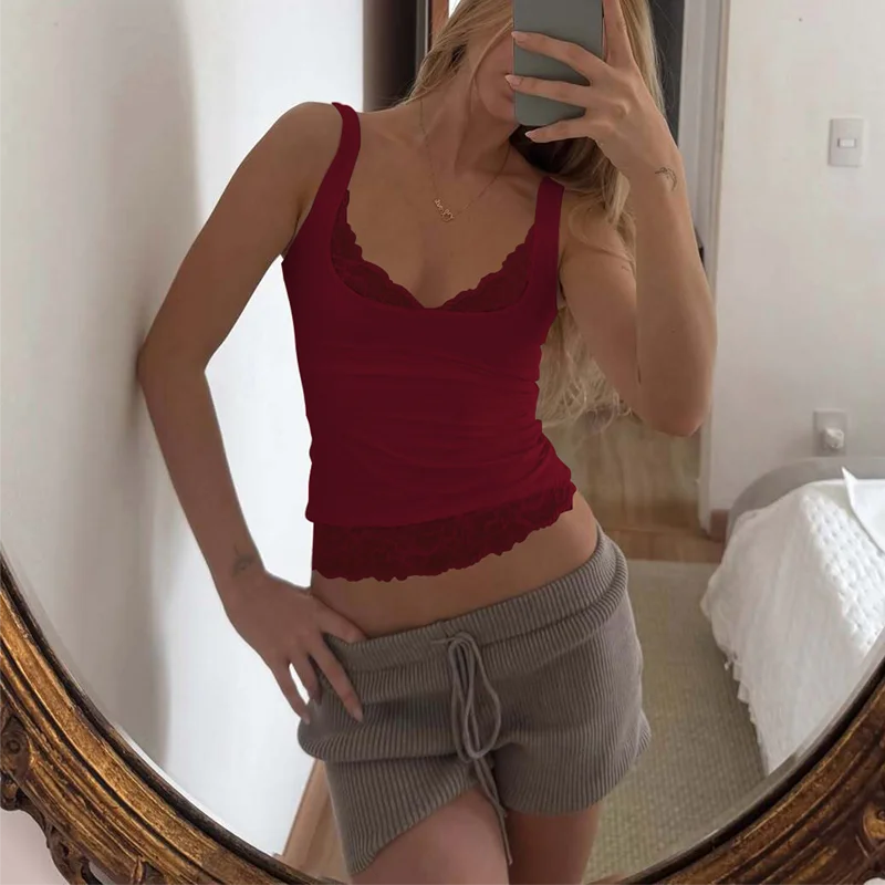 Square Collar Backless Lace Knit Tank Top for Women