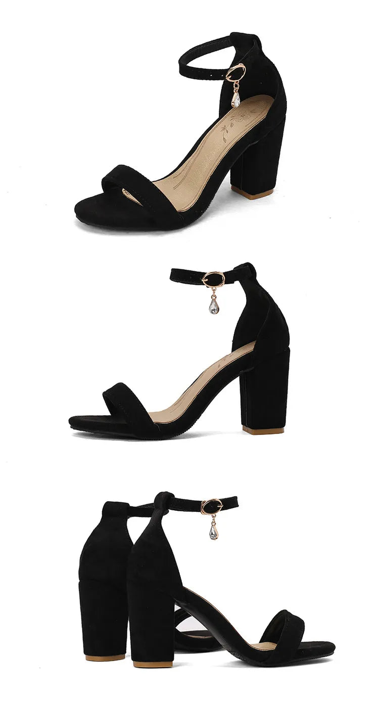 Beige Suede Rhinestone Block Heel Sandals