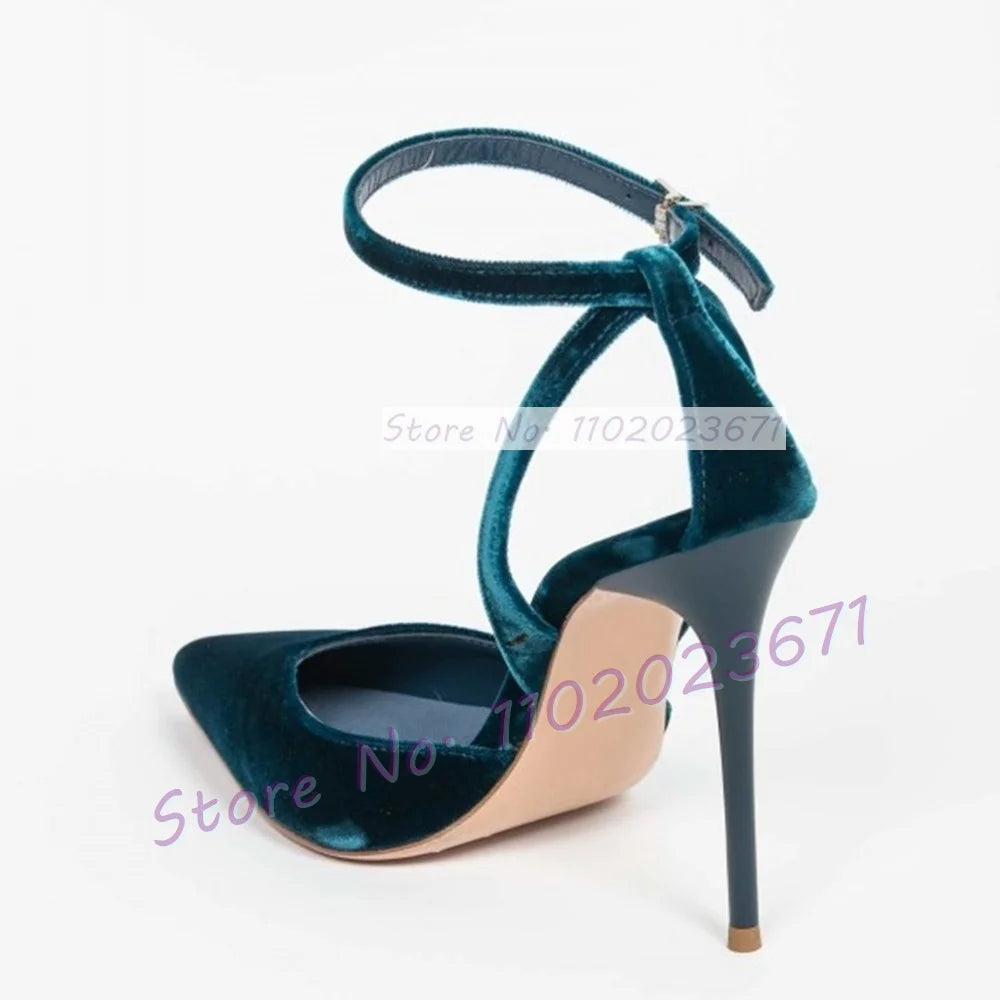 Blue Velvet Pointed Toe Stiletto Sandals with Buckle Ankle Strap for Women