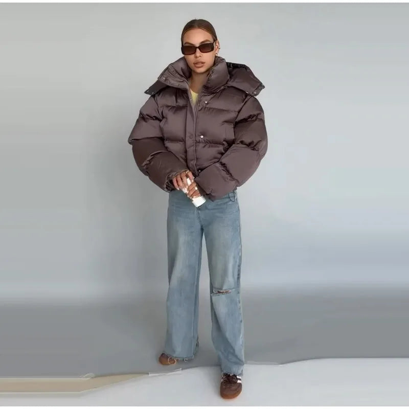 Detachable Hood Cropped Padded Winter Jacket for Women