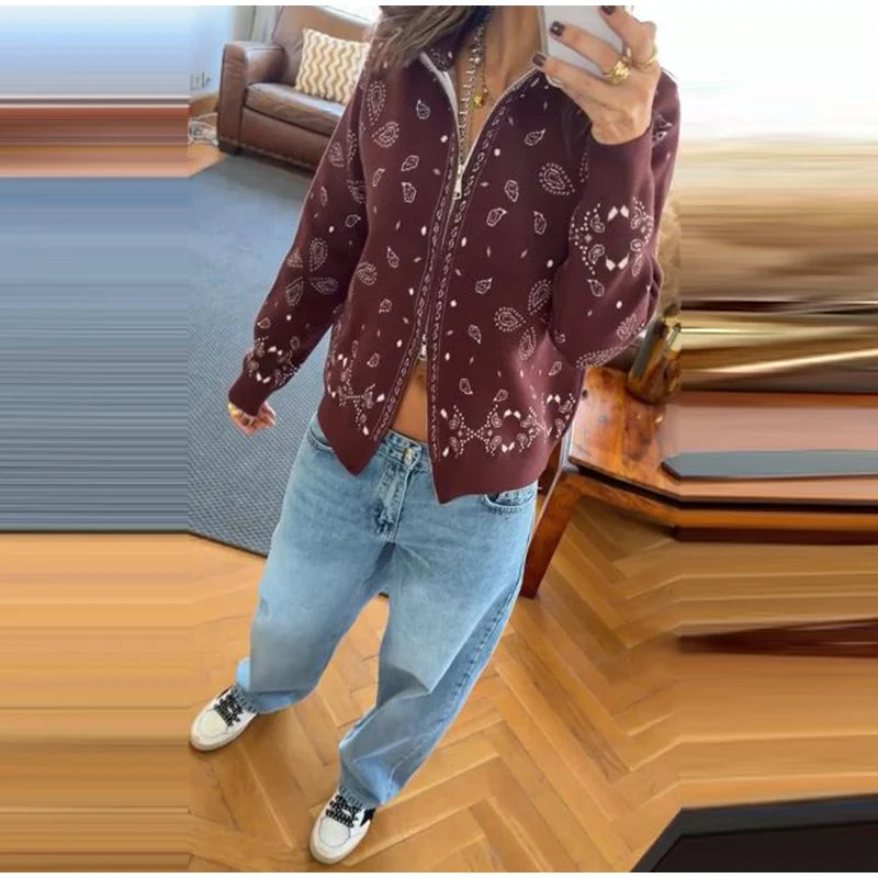 Vintage Printed Knit Stand Collar Zip Cardigan for Women