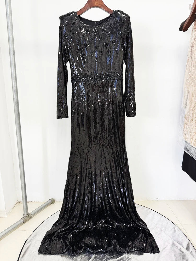 HIGH STREET Newest Fashion 2026 Designer Party Vestido Women's Long Sleeve Gold Sequined Diamonds Long Maxi Dress