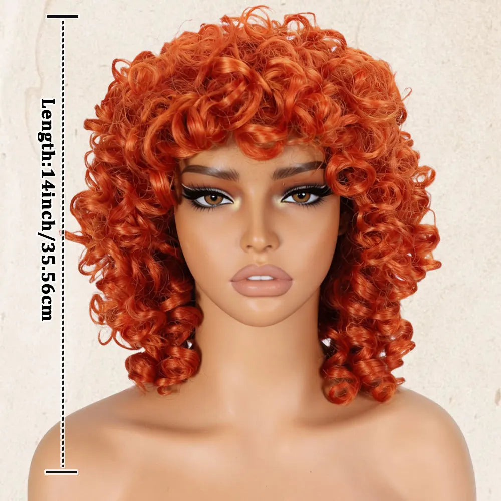 Glueless Natural Ginger Afro Curly Wig With Bangs For Women