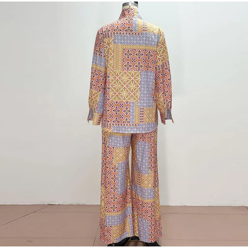 Casual Print Long Sleeve V-Neck Top Wide-Leg Trousers Two-Piece Set for Women