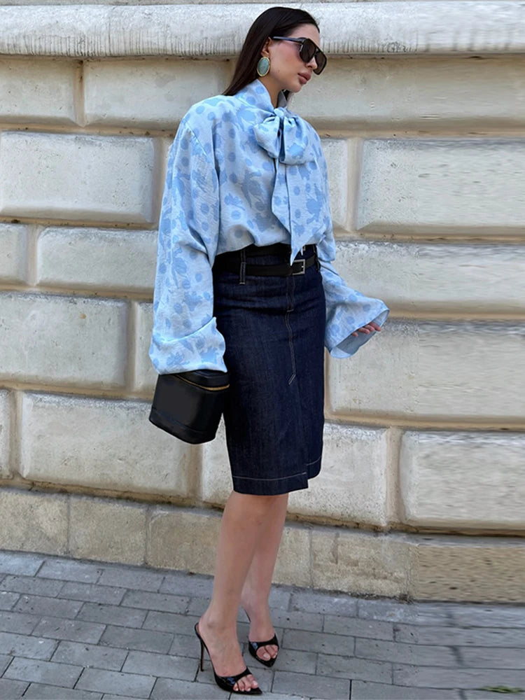Elegant Printed Long Sleeve Lace Up Collar Blouse for Women