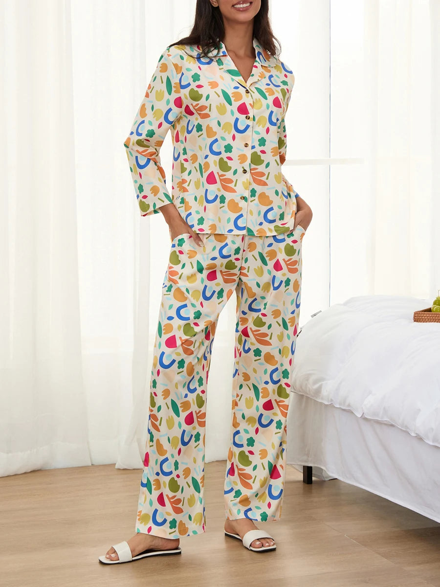 Women Pajamas Set 2 Pieces Loungewear Suits Fashion Print Button up Long Sleeve Tops and Elastic Pants Sleepwear Outfits Pjs