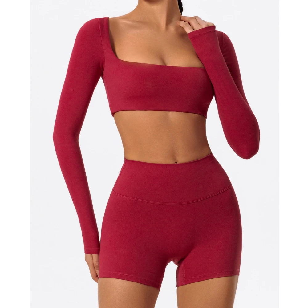 Sporty Solid U-Neck Crop Top and Shorts Two-Piece Set for Women