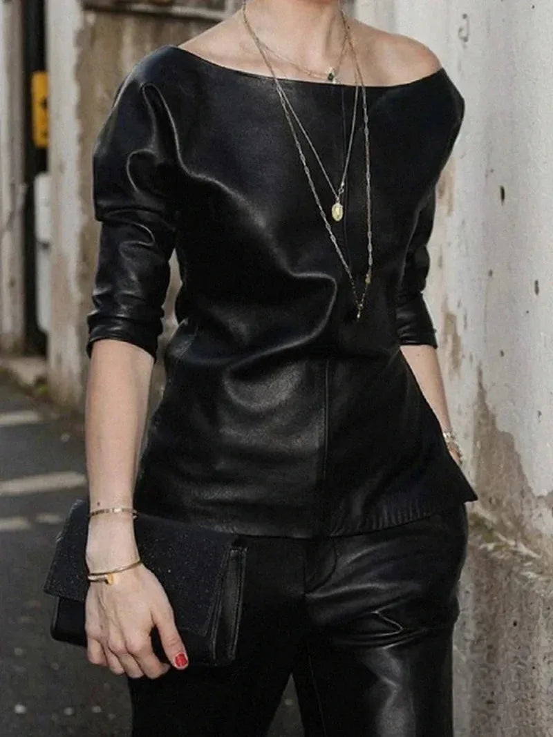 Women PU Leather Round Neck Long Sleeve Blouse Tops Pullover Loose PU Clothes Streetwear Windproof Motorcycle Clothing