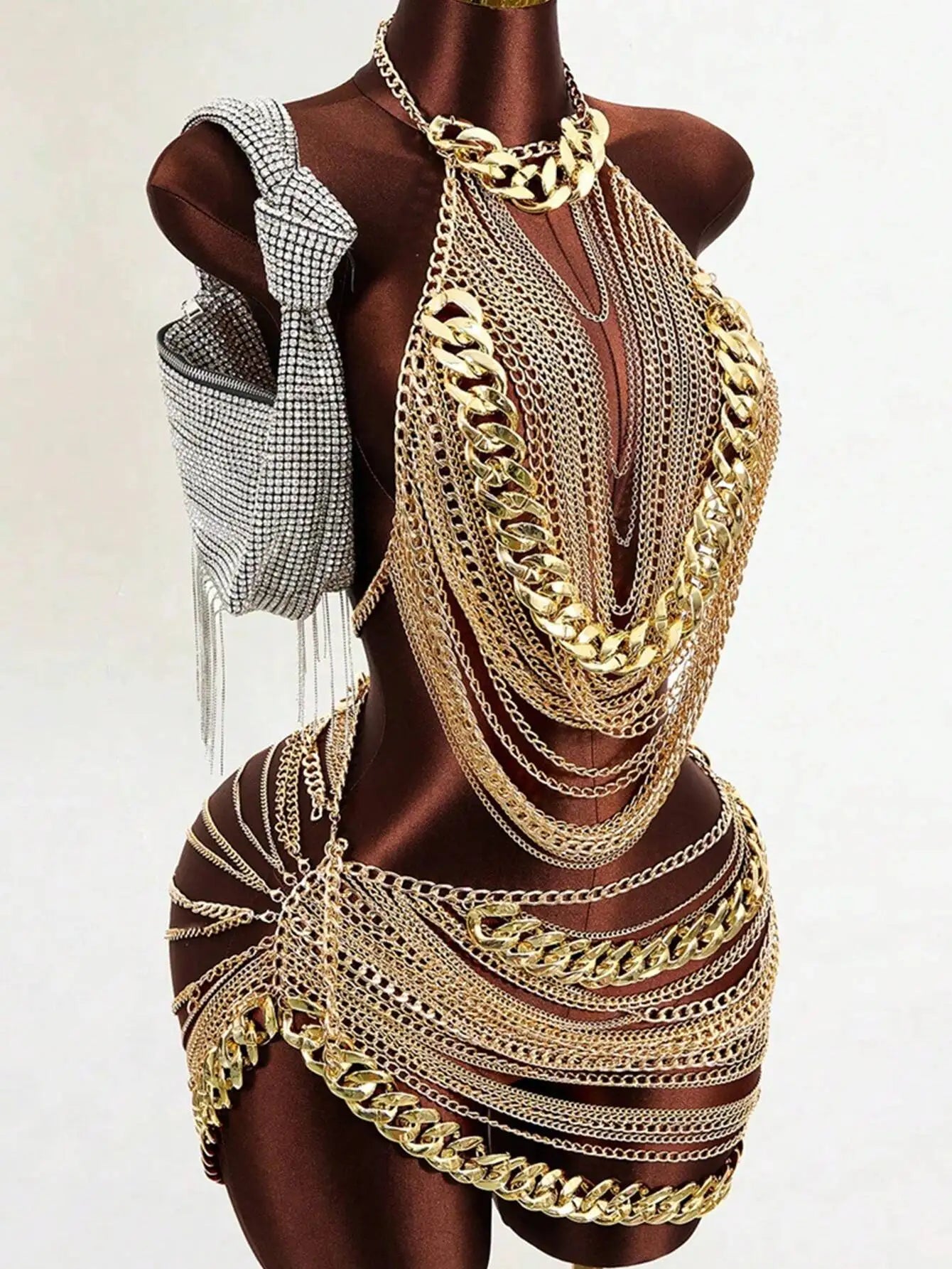 Sheer Metal Chain Backless Mini Dress Party Clubwear for Women