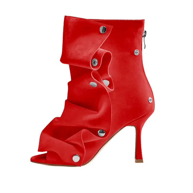 Mid-Calf Open Toe High Heel Pleated Boots for Women