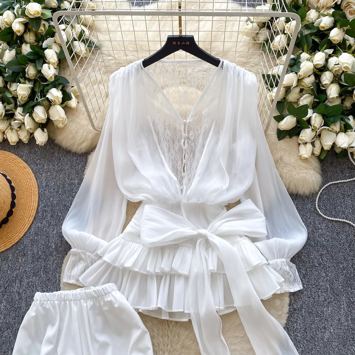 Lace Chiffon Mini Dress With Ruffles and Shorts for Women