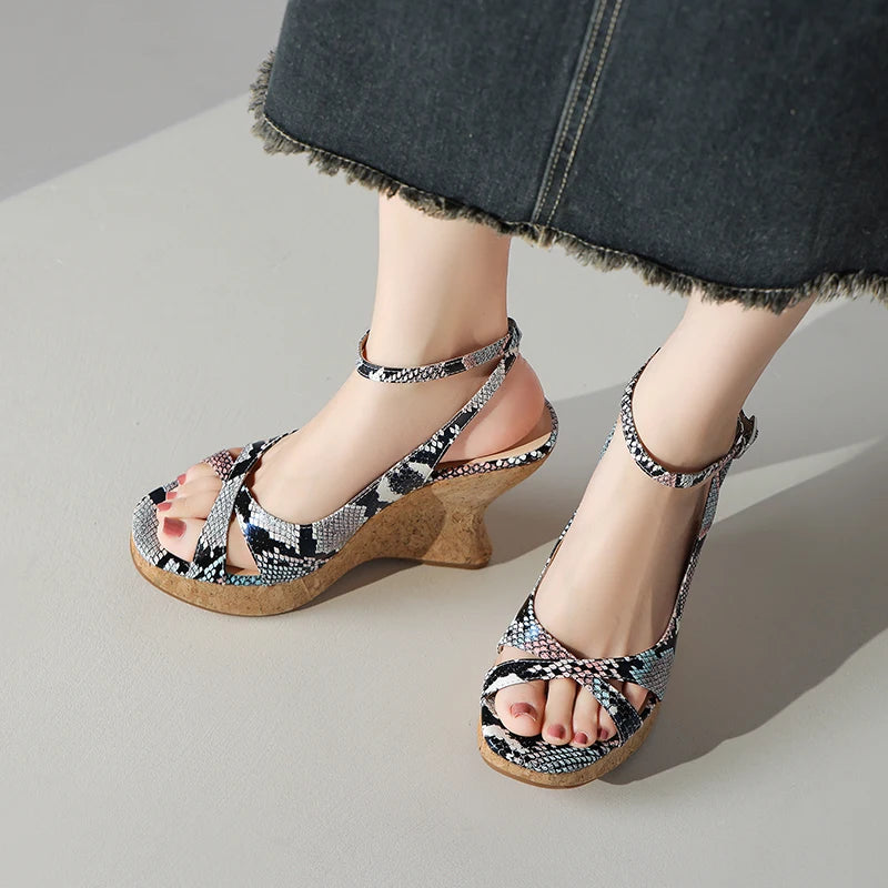Snakegrain Textured Buckle Platform Wedge Sandals for Women