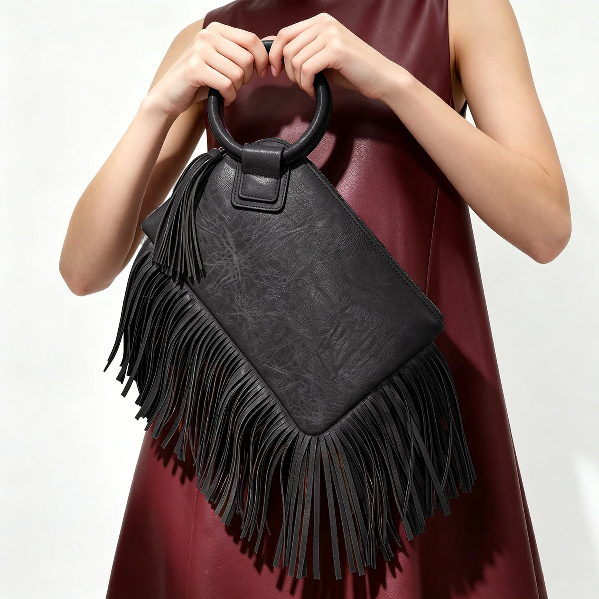 Vintage Tassel Fringe Zipper Clutch Handbag for Women