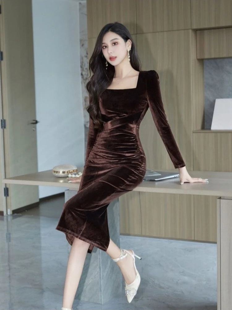 Elegant Women Velvet Dress High Waist Slimming Square Neck Long Sleeve Bodycon Wrap Hip Party Evening Gown