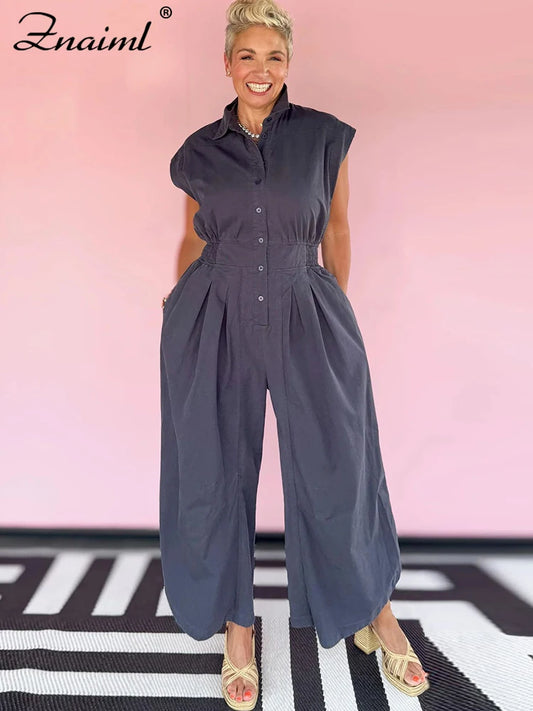 Znaiml Casual Loose Pocket Jumpsuit Women Sleeveless Button High Waist Wide Leg Rompers Street Overalls One Pieces Cargo Pants