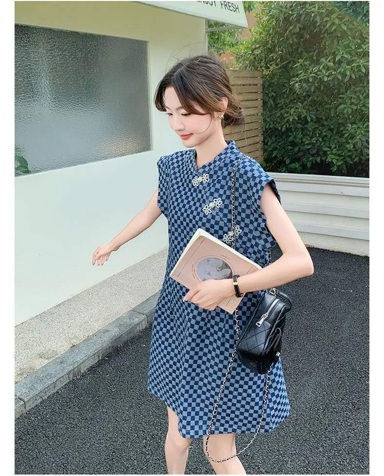 Checkered Ethnic Style Summer Lightweight A Line Dress for Women