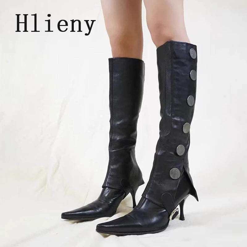 Button Detail Pointed Toe Knee High Boots for Women