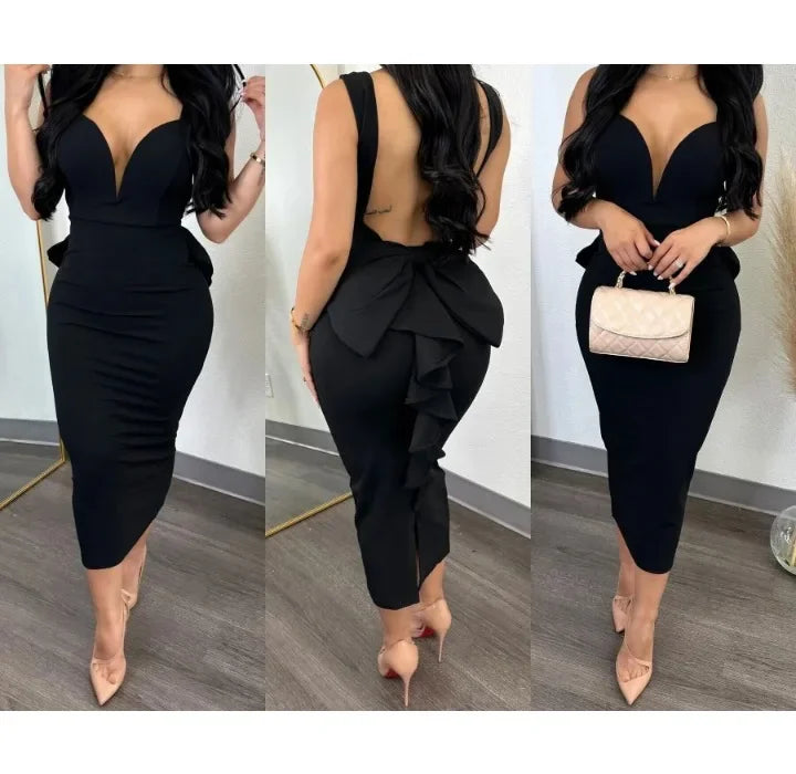 Dress for Women Streetwear Elegant Solid Color Hip Wrap Open Back Deep V High Waist Split Bodycon Dresses 2024 Spring and Summer