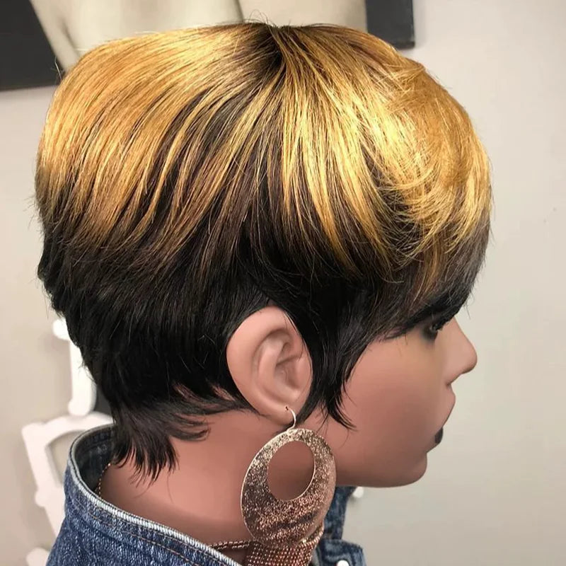 Ombre Honey Blonde Pixie Cut Human Hair Wig for Women