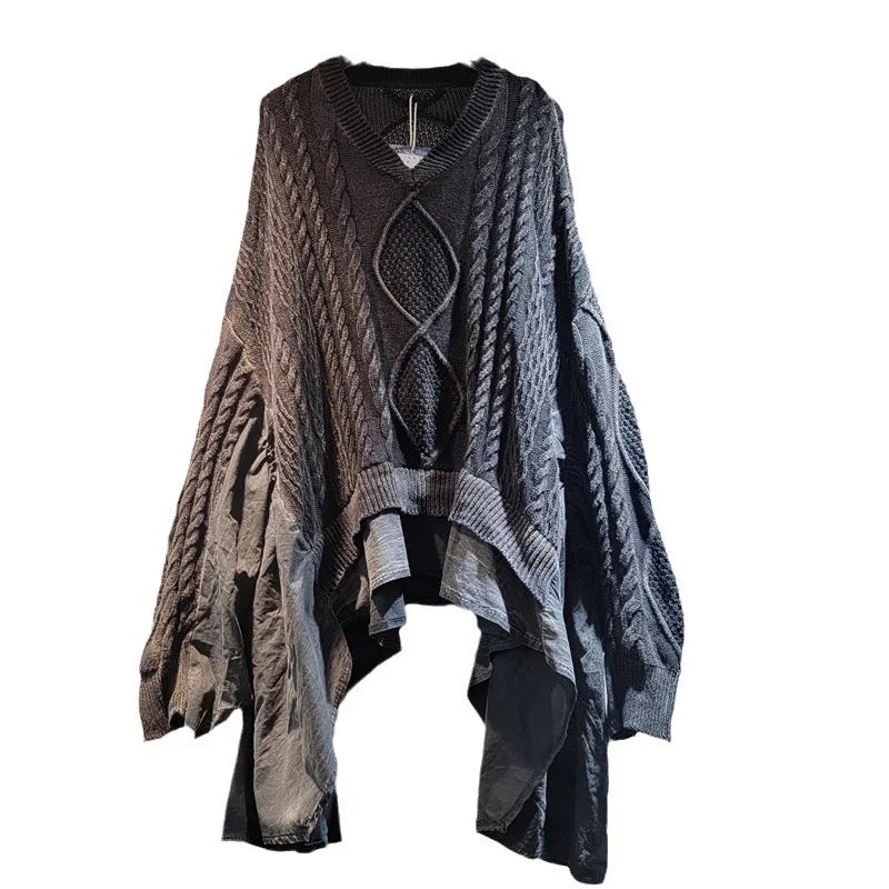 YEAE personalized old twist weaving splicing women's knitted sweater long-sleeved V-neck ruffle leaf edge autumn and spring new