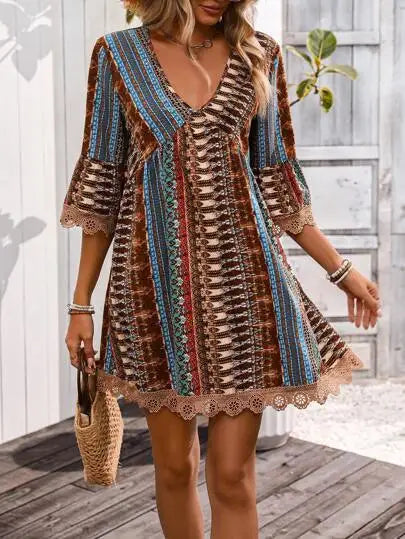 Vintage Floral Print V Neck Long Sleeve Dress For Women