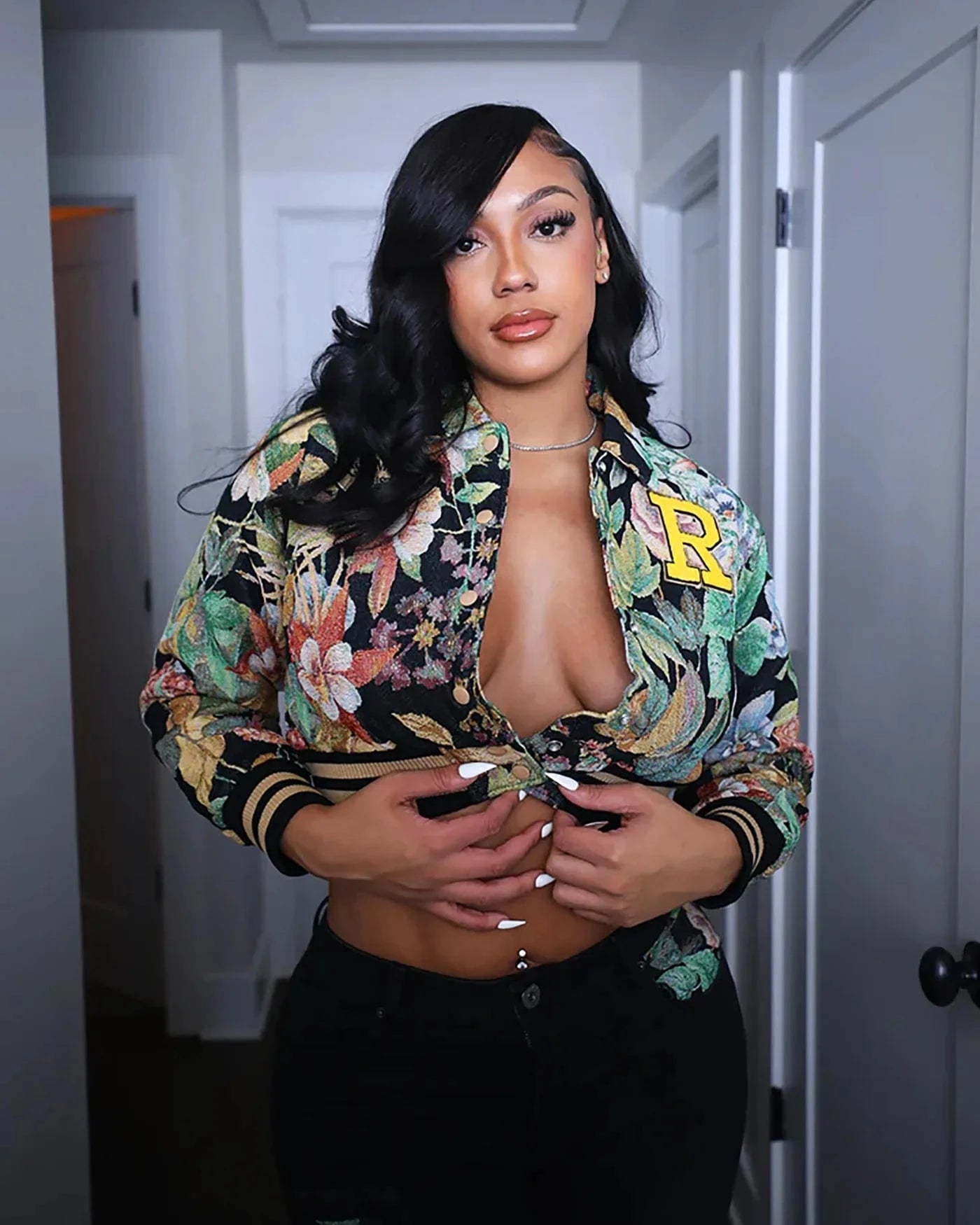 Streetwear Floral Print Short Jacket Sexy Women Turn Down Collar Elegant High Street Club Coat Outerwear