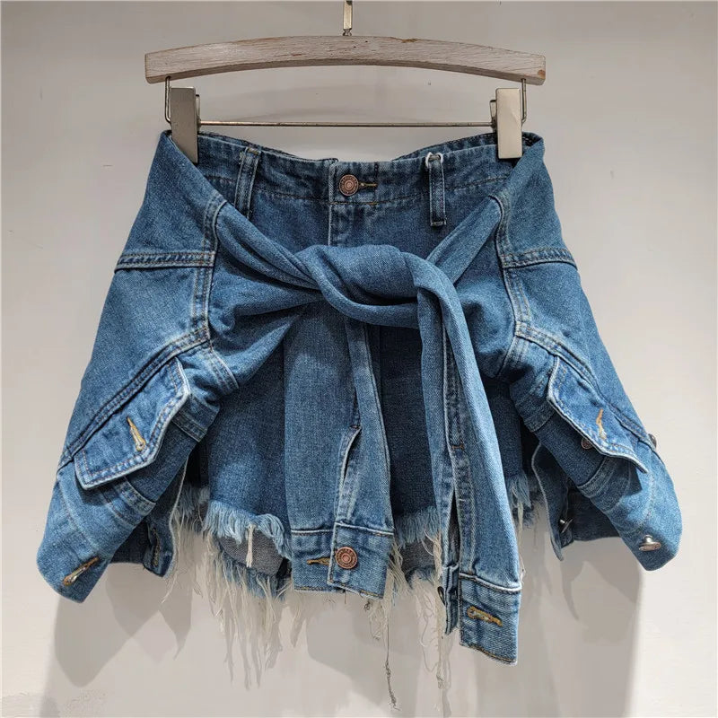 YEAE Fashion Women's Irregular Bandage Fake Two-piece Denim A-line Shorts Trendy 2025 Summer Wide Leg Hot Pants Female