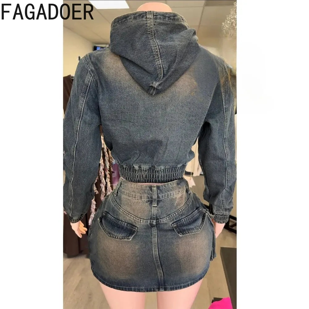 Retro Denim Patchwork Cargo Two Piece Set for Women