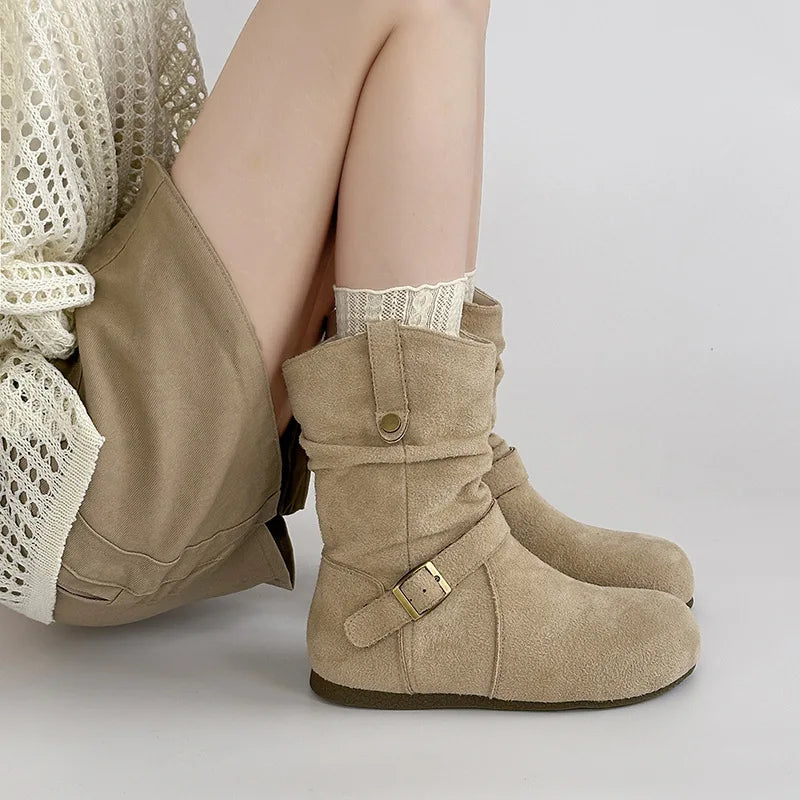 Retro Suede Buckle Slip On Western Ankle Boots for Women