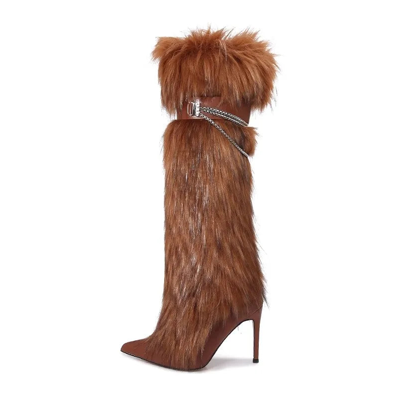 Elegant Faux Fur Knee High Stiletto Boots for Women