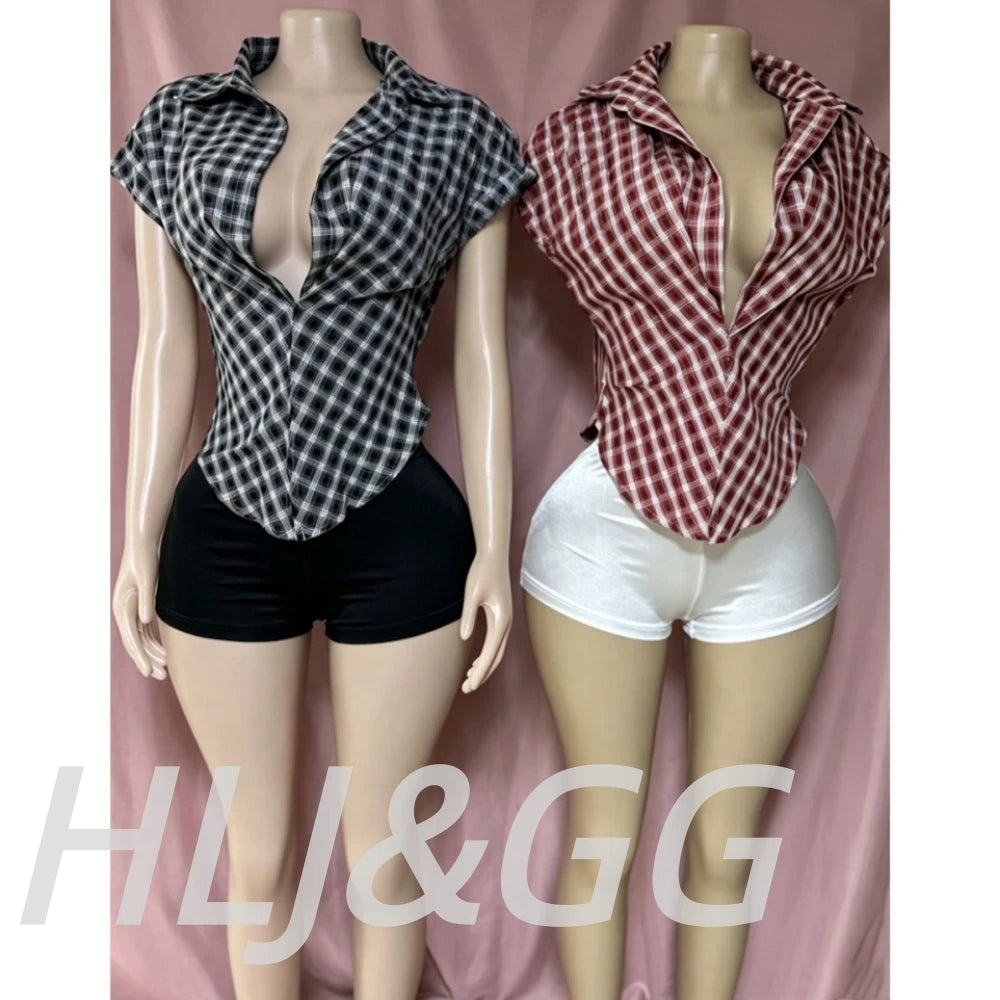 Plaid Print Deep V Neck Sleeveless Hollow Two Piece Set for Women