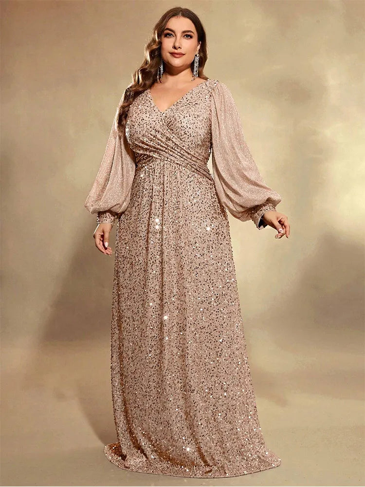 Plus Size V Neck Sequin Evening Dress