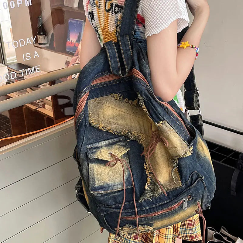 Washed Denim Backpack With Large Capacity for Women