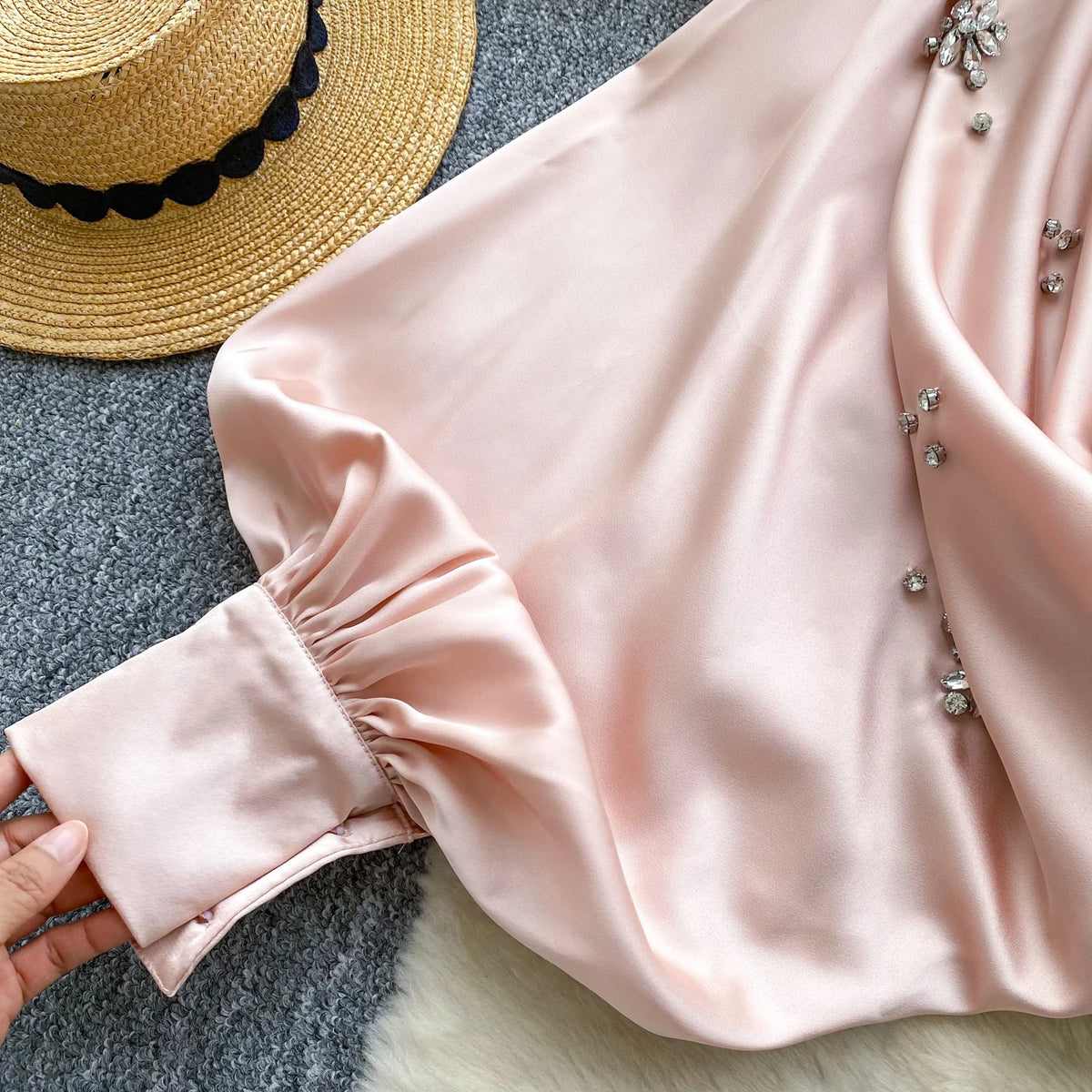 Elegant Beaded Satin Batwing Sleeve Blouse for Women