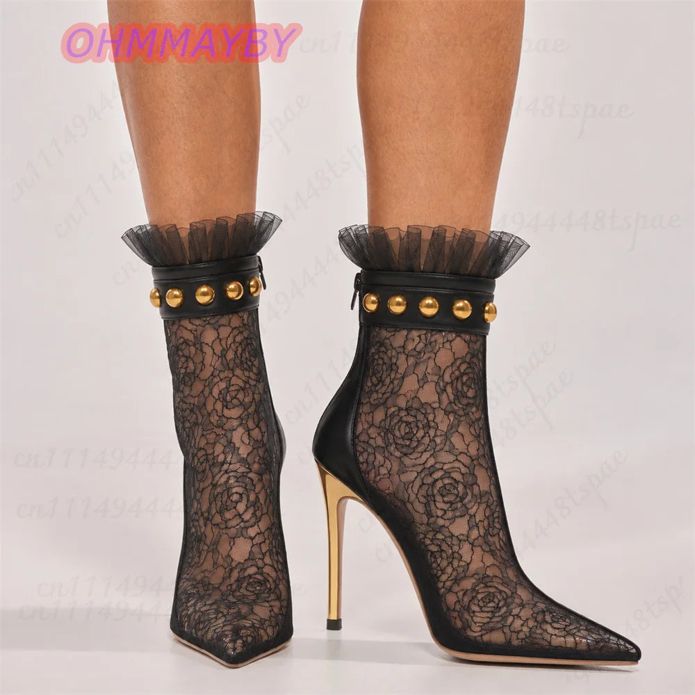 Black Lace Ruffle Ankle Boots With Stiletto Heels for Women