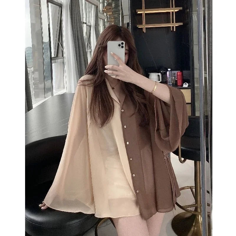 Vintage Contrast V-Neck Chiffon Blouse With Flared Sleeves for Women